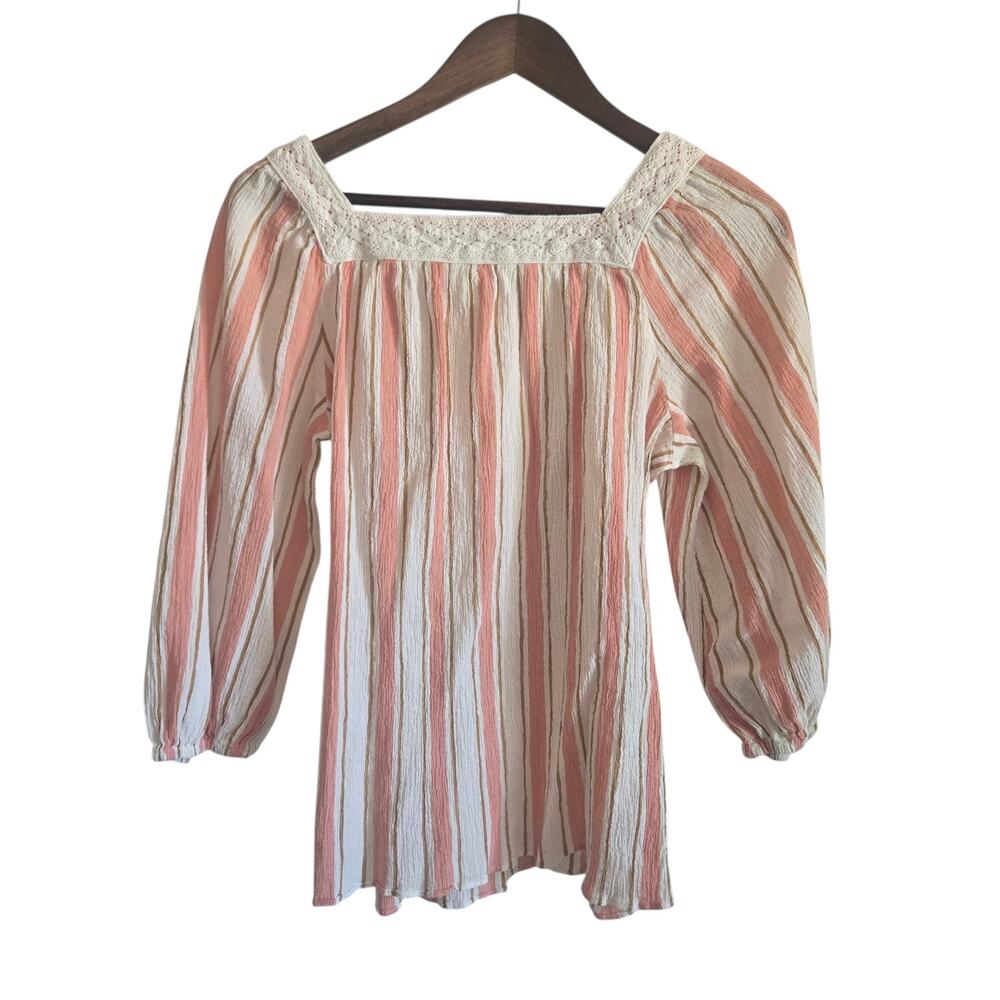 Lauren Conrad Striped Lace Trim Peasant Blouse – Square Neck – Size M
